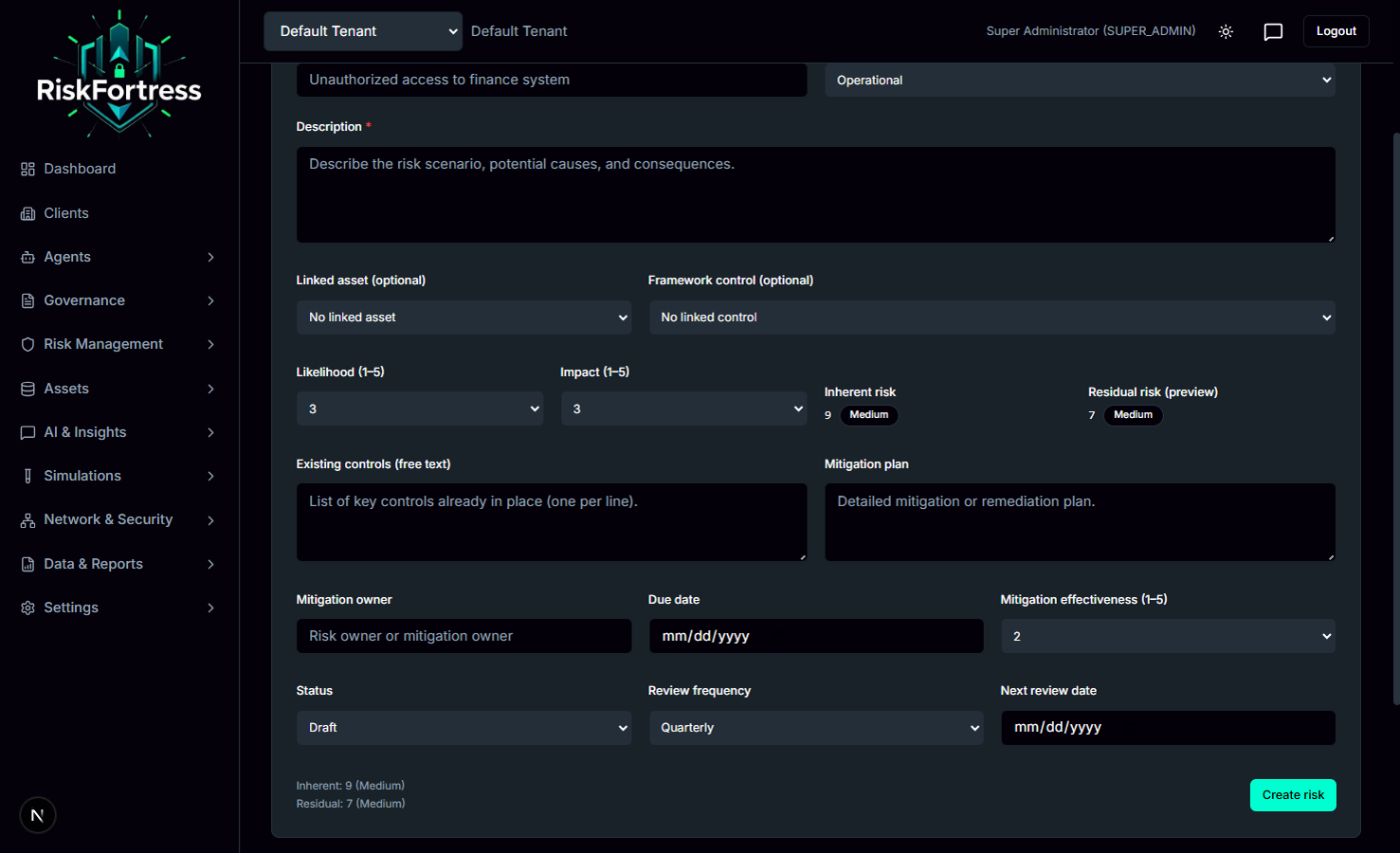 Risk Score Overview - Risk management interface